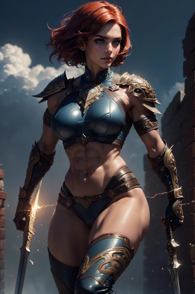 Half naked Jennifer Garner shown to have a fairly slender figure. She has red hair, she has short hair,  Cleavage  exposed cowboy shot, carrying a sword and fighting hordes of zombies, wearing a hat,  (((no pants))), (((no panties))), dark, blurry, soft light, superior quality, many details, sharp focus, realism, ((bare breasts)), ((topless)), ((cobalt blue eyes)), (((sexy tattoos all over body))), ((defined muscles))