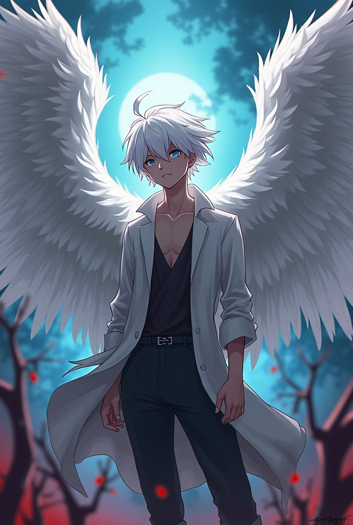 Angel guy, Ashy short hair, white eyes, naked torso, bare top, slender body, normal body, black jeans, sitting on a stone, night, forest landscape, lake, fireflies, Moonlight. 