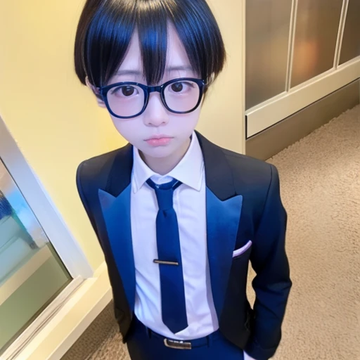 High details, HD, Asian、Despite this, Young teenager girl, She is disguised as a boy, Short hair like boy, boots, butler clothes, black trousers, tailcoat, wearing glasses, The girl’s facial expression is maintained