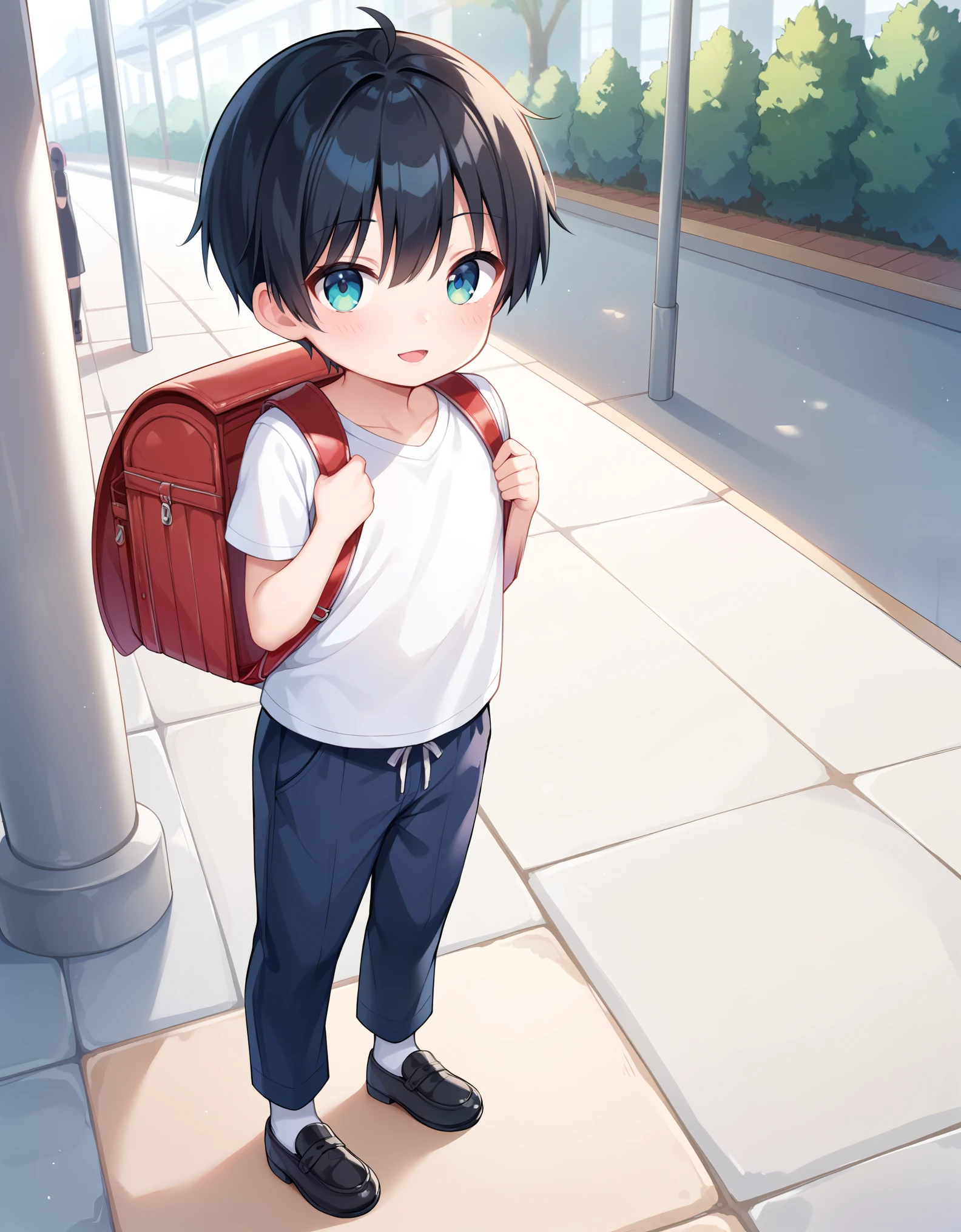 Masterpiece, hd, an anime boy standing on sidewalk,(little boy), children, child playing ,Slender body, wear white t-shirt, shortpants, kawaii portrait, cute kawaii boy , black hair and cyan eyes, small boy, cute anime boy, cute character, wearing red backpack, school backpack, square backpack, wearing black shoes, white socks, fullbody