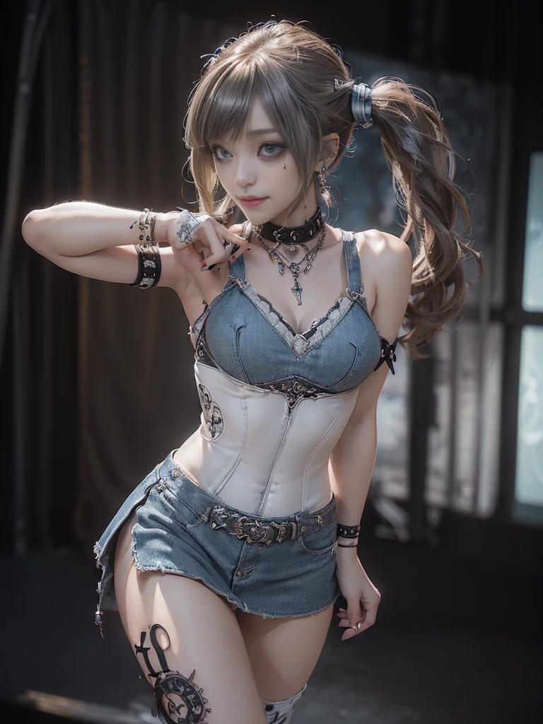 (Full body image:1.4)、(Side view:1.1)、(Smiling with teeth showing:1.3),(Shibuya Gal:1.5)、(Fashion in the style of Gothic Lolita:1.5)、(Punk rock visual kei:1.5)、(Wearing a rhythmic gymnastics bodysuit with intricate details:1.4)、(Elaborately decorated white racing suit and pants, Denim and Charcoal:1.5)、(Denim and light blue and white boots:1.3)、((belt))、(A number of subtle logos are featured throughout the costume々:1.4)、(collar:1.3)、(Striped underwear:1.5)、20-year-old、Browsing Caution、((Highest quality、In 8K、masterpiece:1.3))、Sharp focus:1.2、(Layered Cut、Huge boobs:1.1),Beautiful woman with perfect figure:1.4、(Dance vigorously:1.3)、Slim Abs:1.2、Highly detailed face and skin texture、Detailed eyes、double eyelid,(Twin tails:1.3)、(Brownish golden hair:1.3)、Idol Sculpture、(The background is the stage for a fashion show:1.3)、(The body is slim:1.3),(Slimming your legs:1.4),(clavicle:1.1)、(Thin and slim thighs:1.3)