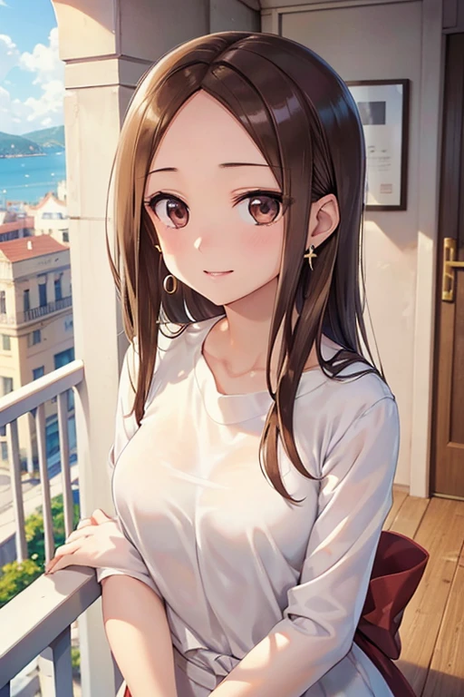 takagi-san、Shiny brown hair, Long Hair,((Medium Breast、amount、Center Part))、 Beautiful brown eyes、smile、Shining Eyes, (fine grain)、Very beautiful eyes、非常にDetailed face, Detailed eyes, 


((software: 1.4)), ((Detailed face,  Professional photography)), ((software,  Earrings, 1 girl)), 
Ultra-high resolution, Best Quality,  concentrated, Soft Light, (()), (( (Balcony with sea view))), (surface), (Depth of written boundary), masterpiece, (Realistic), woman, 
