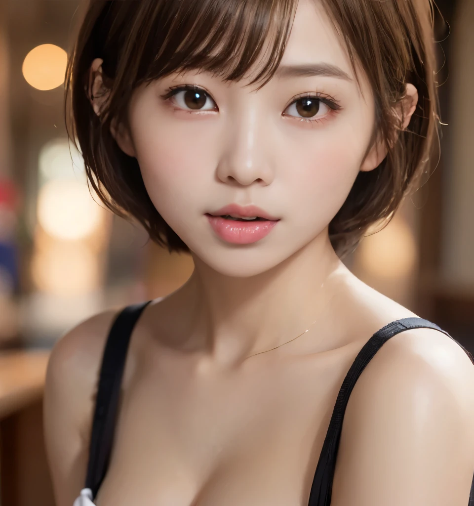 Viewer discretion advised、Best Quality、8k、masterpiece、Ultra-high resolution、クリアなphotograph、リアルなphotograph、Realistic、Professional Lighting、Natural Light、photograph、(Very cute、beautiful girl、Cute Yoda Yuki)、(Very short hair:1.6)、Brown Hair、(Licking soft serve ice cream:1.2)、Apply cream to face:1.6、Apply white cream to cheeks:1.6、(Small breasts:1.2、Flat Chest:1.2)、(Hunchback)、(Her cleavage is visible)