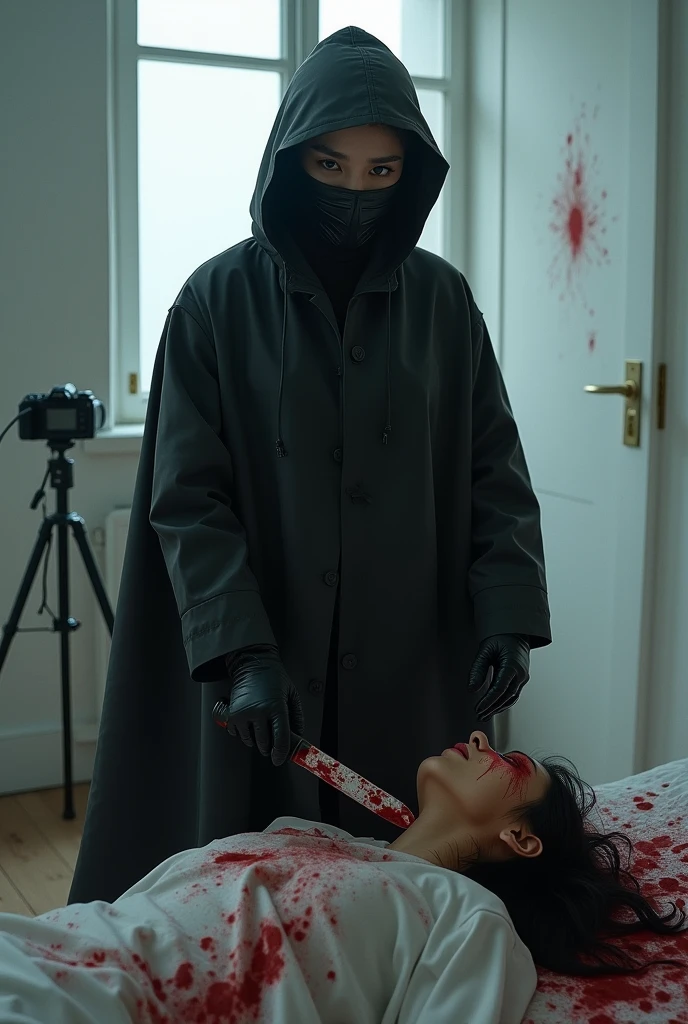 korean girl, (behind corpse, surgical mask), holding knife, stabbing, black leather gloves, room full of blood, black trench coat, bucket hat, holding knife, black gloves, behind corpse, blood splatter, very long hair, night, mass murderer, robbery, in the hotel,
