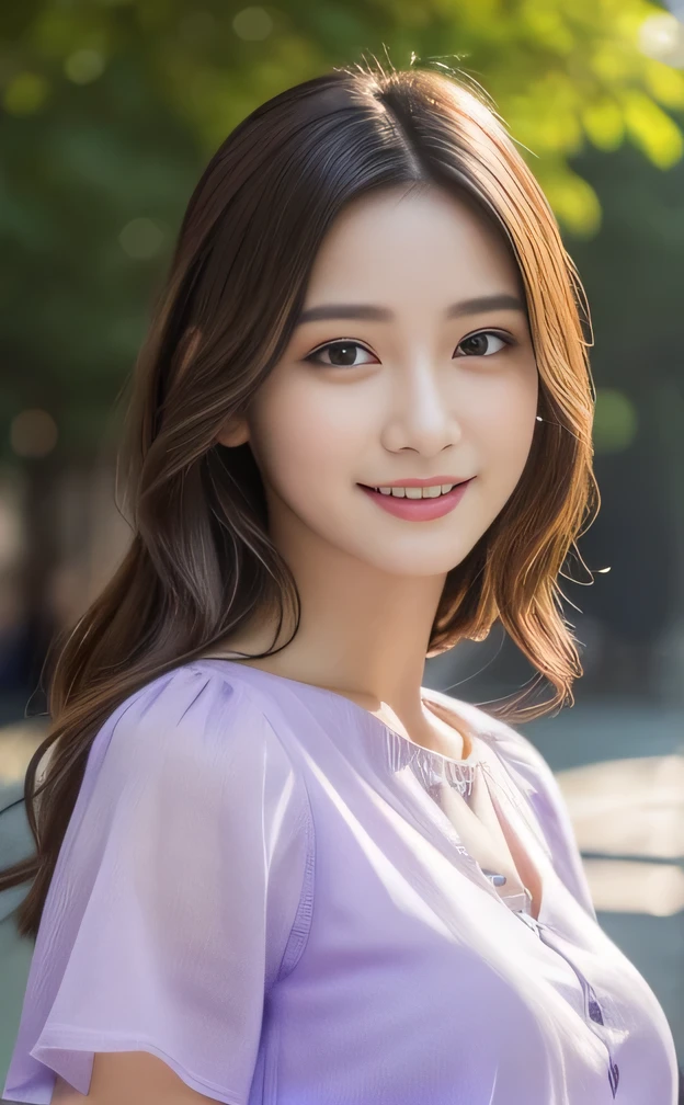 1 girl,(Wearing a light purple short-sleeved blouse:1.2),(RAW Photos, highest quality), (Realistic, Photorealistic:1.4), Tabletop, Very delicate and beautiful, Very detailed, 2k wallpaper, wonderful, In detail, Very detailed CG Unity 8k wallpaper, Very detailed, High resolution, Soft Light, Beautiful detailed girl, Very detailed目と顔, Beautiful and detailed nose, Fine and beautiful eyes, Looks about 2, Cinema Lighting, Afternoon fountain view park, Perfect Anatomy, Slender body, smile, Wavy long hair, ((Bodies facing random directions)), Face looking at camera,