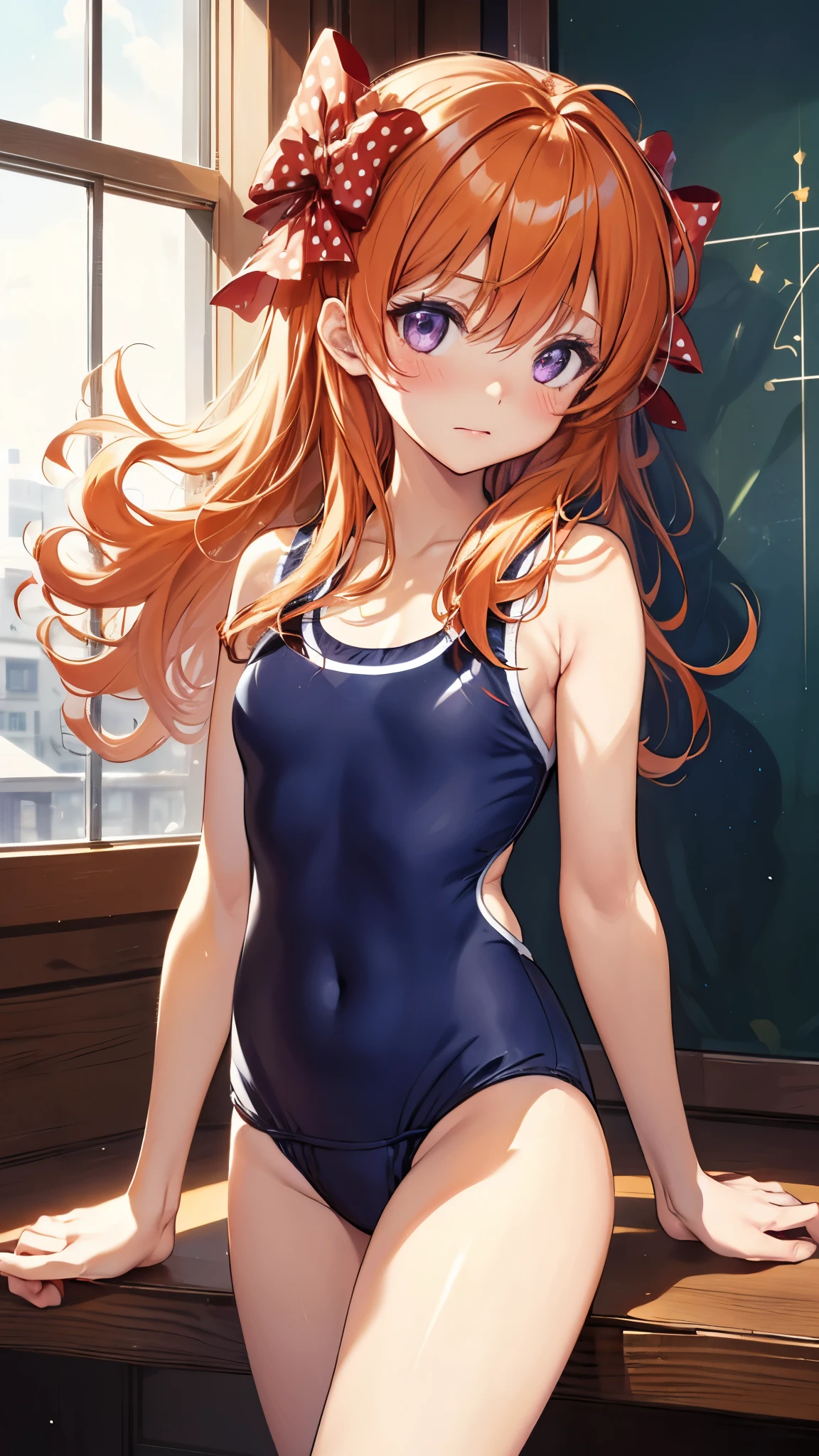 1girl,soli,chiyo_sakura,(dark blue school swimsuit:1.5),ahoge,orange hair, long hair, hair bow, polka dot bow,blush,close mouth,(arms behind back),masterpiece,Noise Reduction,perfect anatomy,high resolution, ultra-detailed, ultra-detailed face,game cg,dutch angle ,beautiful detailed eyes,visualart,five fingers, perfect hands, perfect lighting, sparkling pupils,