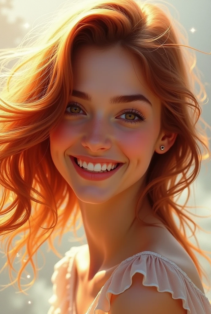 A close-up of a girl's face bathed in orange hues, as if lit by the soft glow of a sunset, her eyes sparkling with joy and contentment, framed by wisps of flowing auburn hair, Photography, shot with a 35mm lens
