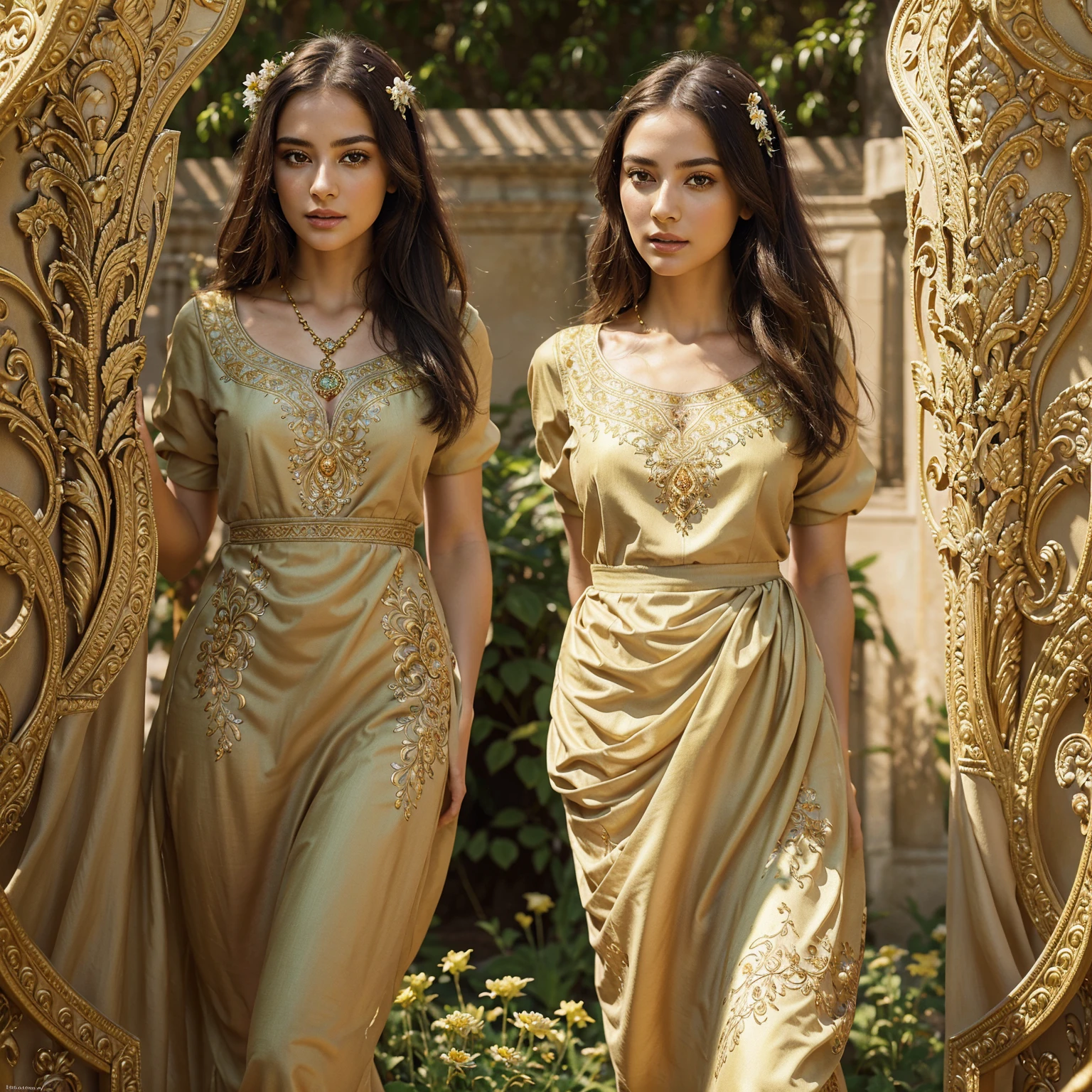 1 beautiful young women ,with a beautiful, very realistic face, a beautiful body,a magnificent brown outfit and magnificent jewelry
