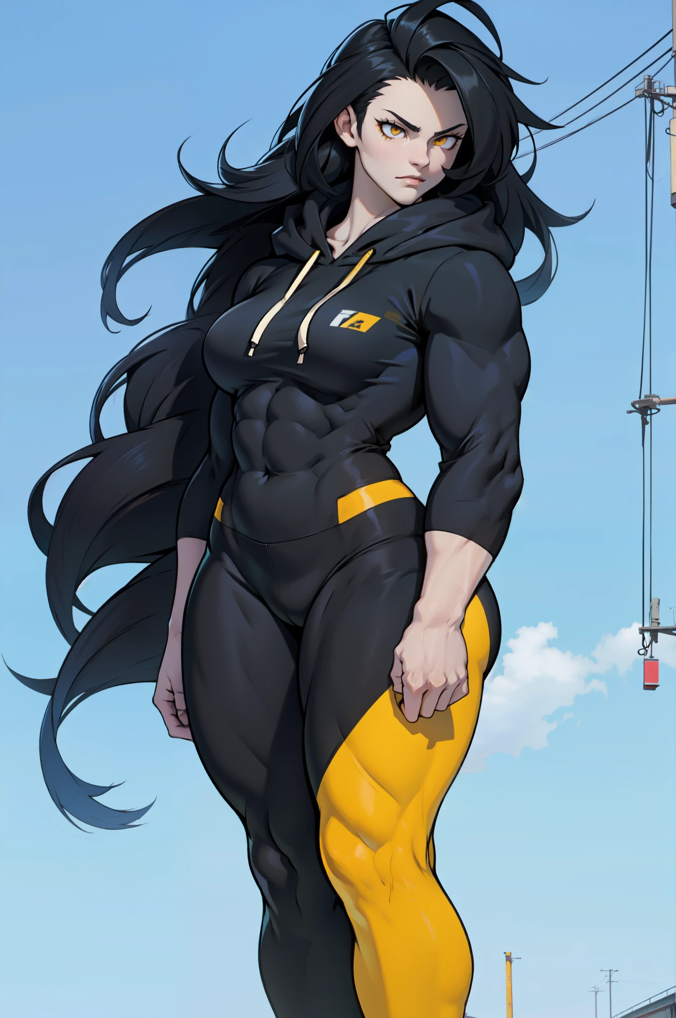 girl solo standing (((muscular girl toned body large breasts thick))) yellow eyes black hair pale skin perfect anatomy perfect anatomy perfect anatomy highly detailed best quality detailed eyes highly detailed best quality detailed eyes