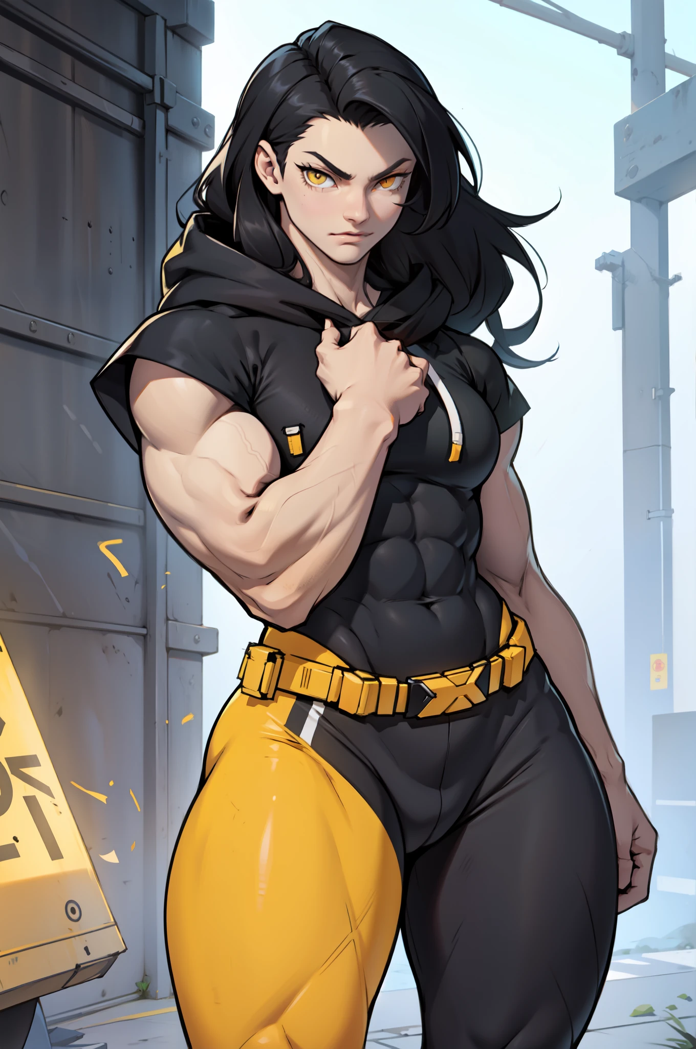 girl pale skin 1girl muscular toned body huge breasts thick thighs black hair yellow eyes bodybuilder tight shirt and pants very long hair grey background muscular muscular muscular muscular breasts breasts dark atmosphere standing muscular muscular muscular
