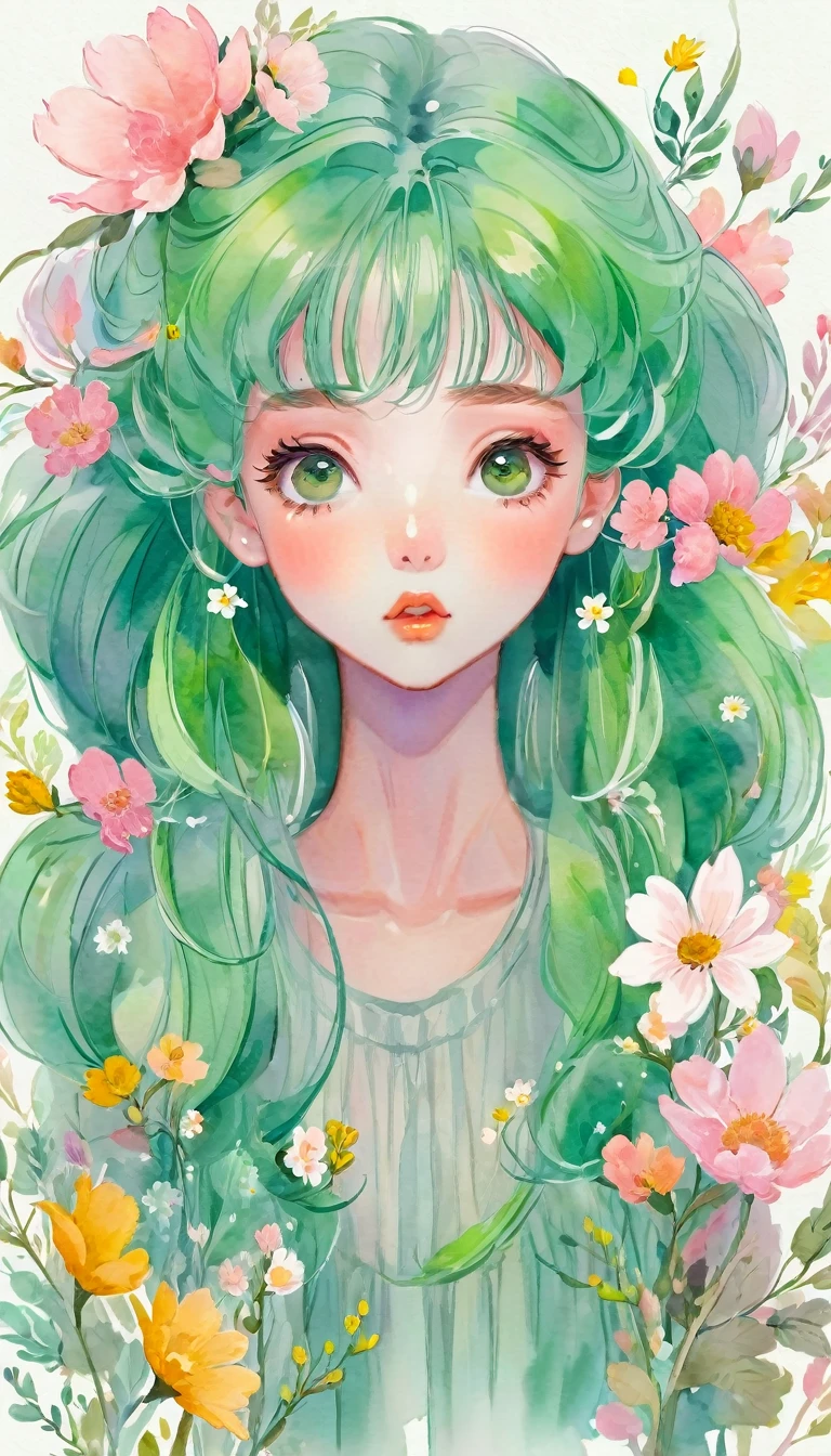 Drawing of woman jellyfish green hair and flowers