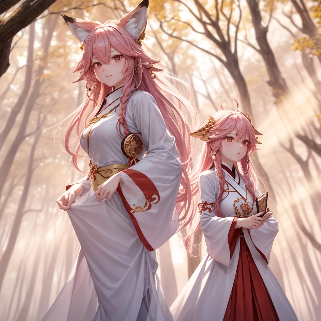 two beautiful young women, anime style, detailed faces, red hair, red eyes, delicate features, soft lighting, wearing elaborate fantasy costumes, standing together, ethereal and enchanting expressions, mystical forest background with glowing plants and magical creatures, one holding a staff with a glowing crystal, the other with a flowing gown adorned with jewels, vibrant and inviting fantasy lighting, dynamic pose, Japanese anime style, high quality, highly detailed, 8k resolution, cinematic lighting, best quality, vibrant colors, Instagrammable, aesthetic, trendy