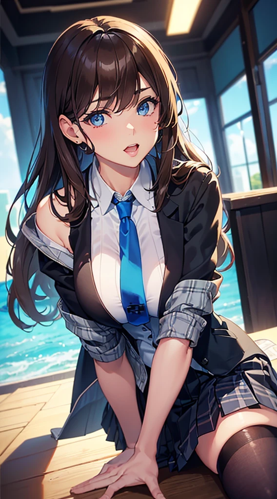 Highest quality,masterpiece,masterpiece portrait,full body,　Brown Hair、Blue Eyes、Pink lips、、White shirt、Black Ribbon、Sexy atmosphere、cartoonist、(((Slightly erotic)))、Wearing a beret、Posing with a fountain pen、Anime Style、Beauty、Her background is monochrome black、(((Front view)))、Looking up,oil
