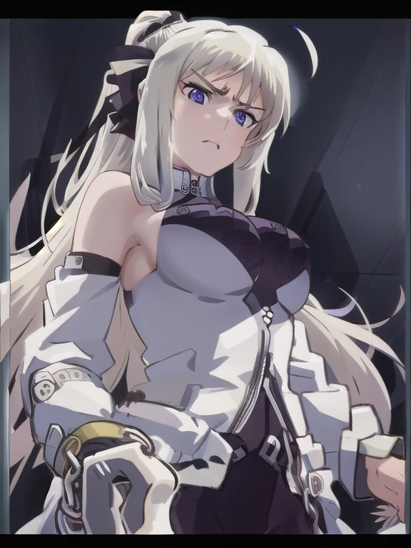 prison, concrete wall, concrete floor, femdom, dominatrix, Bondage Outfit, ((female standing)), furrowed brow, (((((from below))))), looking at viewer, throw, ((((looking down)))),  front view, ((((viewer on chained)))), ((pull leash)),
One girl,  Long Hair, Purple eyes,  chest, Ahoge,   very Long Hair,   large breasts, ribbon,  hair ribbon, ponytail,  bangs, 
