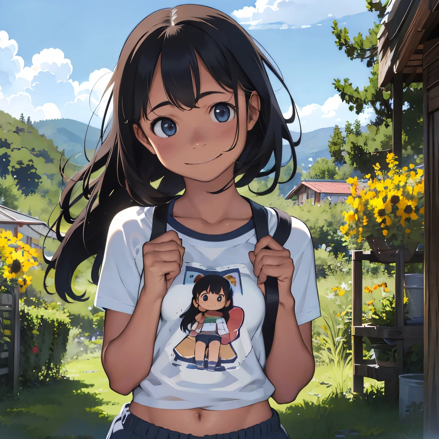 Distant Mountain々々、(grassland、camp場、camp)、Cute Swimsuits、Summer sun、(、２people々 girl)、Big eyes、健康なgirl、Strong sunlight、Summer sun、Cumulonimbus、blue sky、(Cute Smile)、thin、Small breasts、Clevis、Cute and beautiful giel、Beautiful Skin、(T-Shirts, Shorts)、Her belly button is visible、Detailed face、Detailed Hair、Eye for detail, (Full Body Shot), Staring at the audience、 (Only holds), ponytail、Hair accessories
