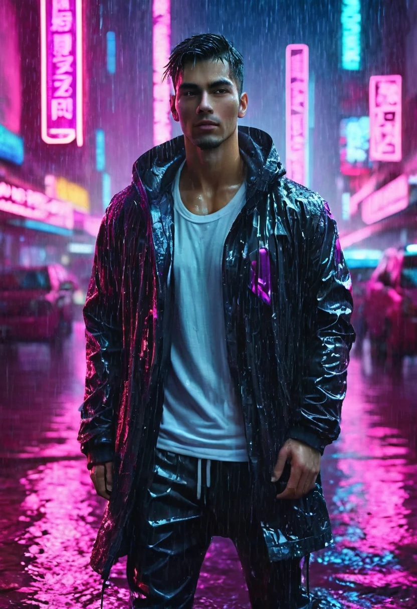 (Masterpiece, Best Quality, high resolution, fondo de pantalla de unidad 32k, Extremely detailed CG:1), (weak illustration on stage:1.0), ((****ung handsome man:1.55 by cyberpunk:1.5 )),(( cyberpunk night city:1.4)), neon signs futuristic cars,dark place rain, ((wet clothes magenta neon lights illuminating the young man perfectly:1.45) . 32k