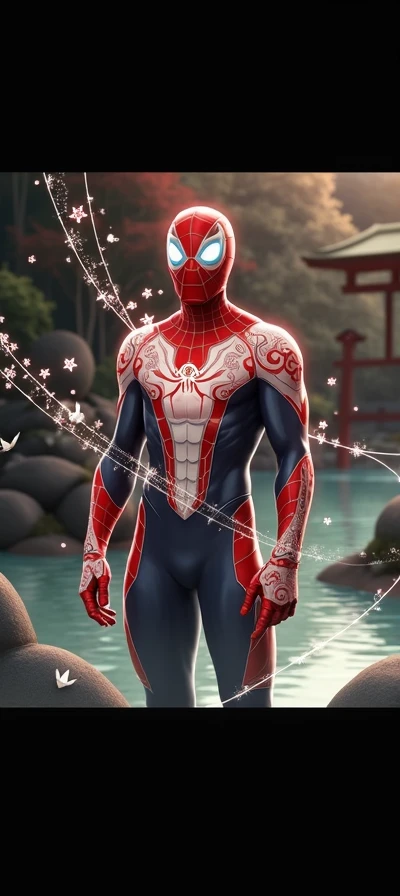 creative illustration of spiderman wearing a intricat japanese kimono with spiders decoration, japanese paper lantern, japanese writing, sketch, bold outlines, fantasy style by dan mumford, junko mizuno, high definition, intricat details, bright colors, logo style, negative space