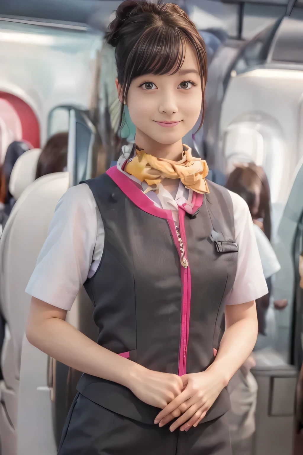 (masterpiece:1.2, Best Quality:1.2), 32kHDR, High resolution, (Alone、One Girl)、（Take the Shinkansen、Professional Lighting）、Car interior background、（Realistic style of JR Gran Class crew uniform）、Short sleeve blouse、Scarf around the neck、（JR Gran Class flight attendant uniform with pink parts on the skirt sleeves）、（The uniform of the flight attendants of JR Gran Class、The front zipper of the vest has a pink line..）、Dark Brown Hair、（Hair tied up、Hair Bun、Hair Bun）、Dark Brown Hair、Long Shot、Big Breasts、（（Great hands：2.0）），（（A harmonious body shape：1.5）），（（Normal limbs：2.0）），（（Normal finger：2.0）），（（Delicate eyes：2.0）），（（Normal eyes：2.0））)、Luxury Necklace、smile、Beautiful standing posture,