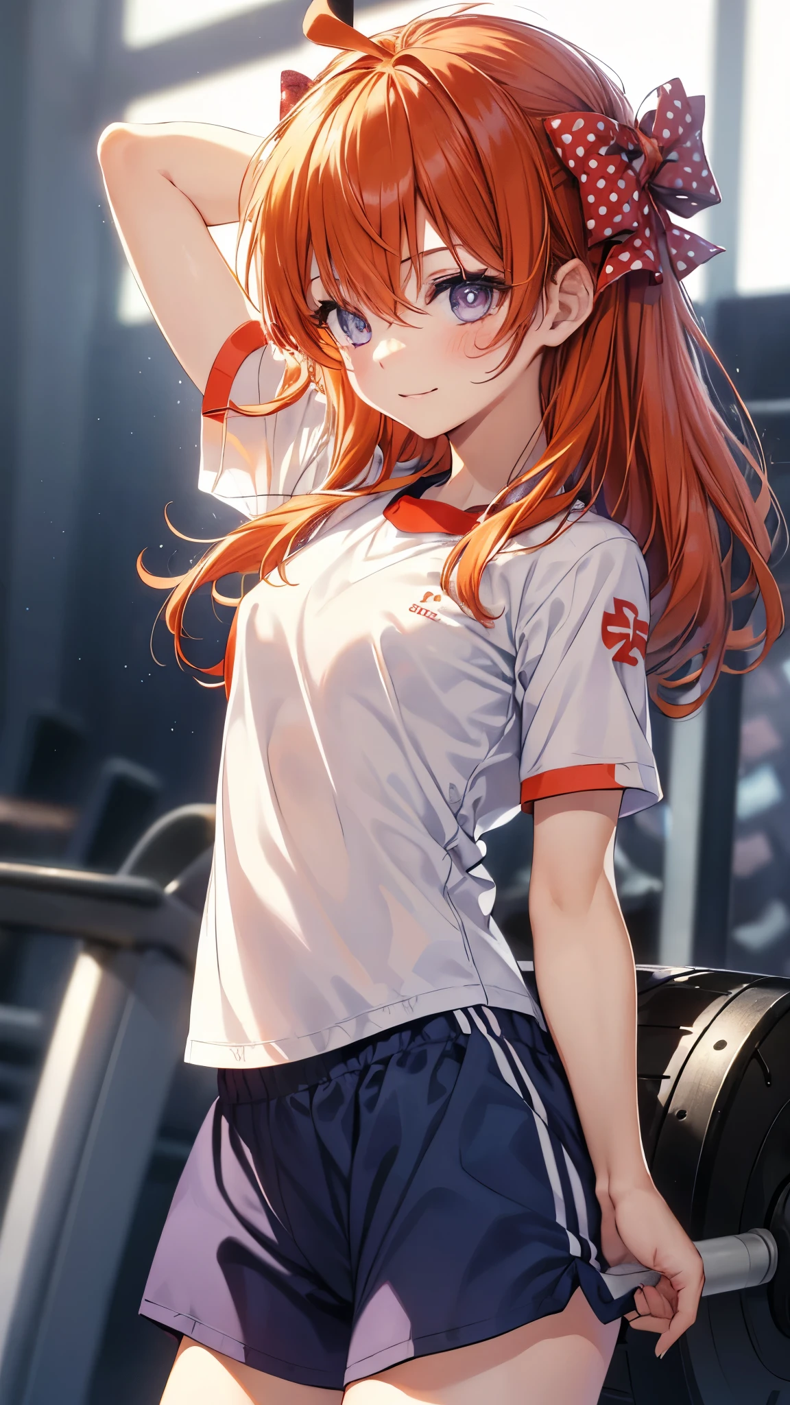 1girl,soli,chiyo_sakura, (white gym shirt, short sleeve,gym uniform,dark blue buruma:1.5),ahoge,orange hair, long hair,red hair bow, polka dot bow,smile,close mouth,(arms behind back:1.3),masterpiece,Noise Reduction,perfect anatomy,high resolution, ultra-detailed, ultra-detailed face,game cg,dutch angle ,beautiful detailed eyes,visualart,five fingers, perfect hands, perfect lighting, sparkling pupils,