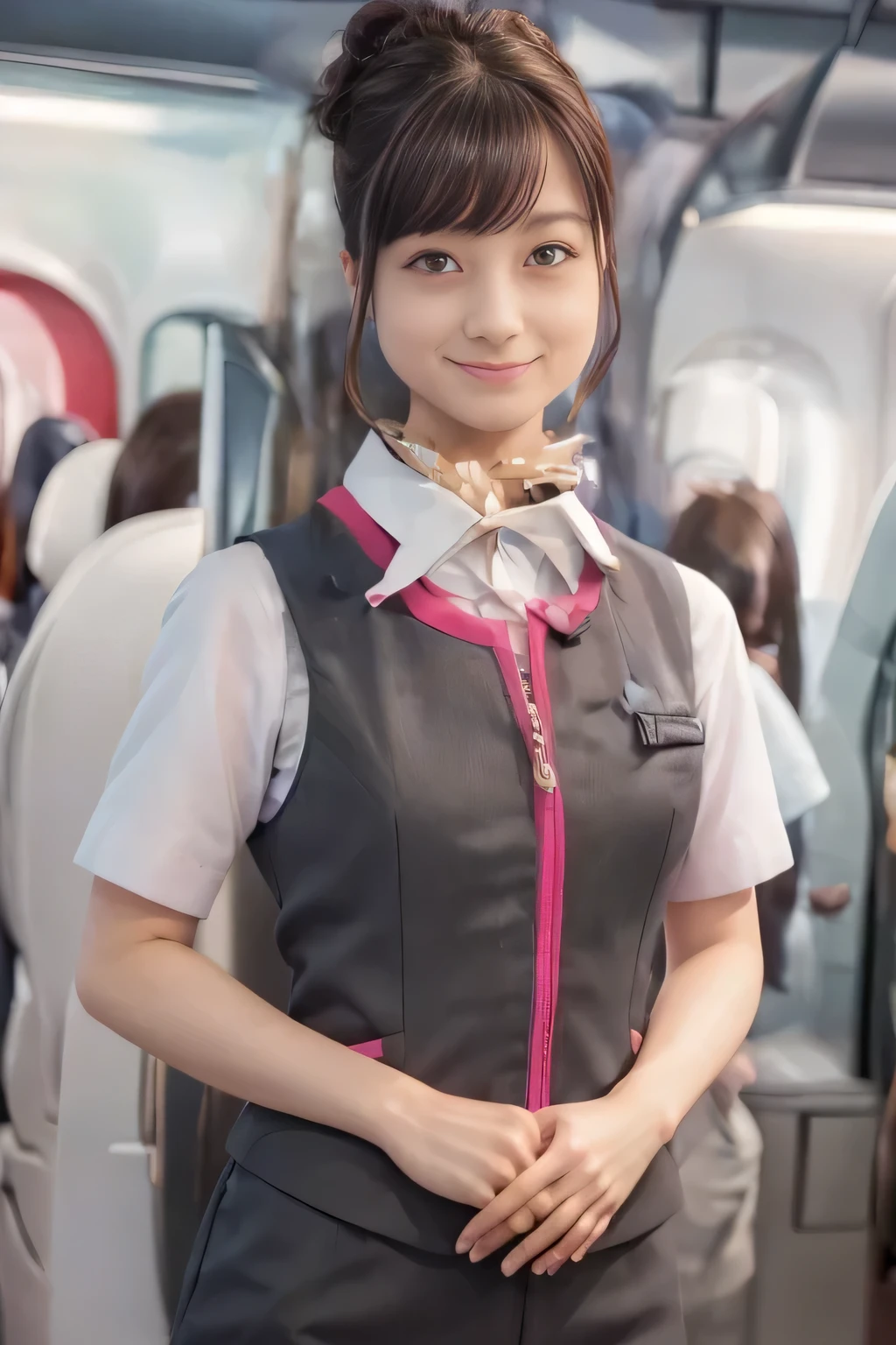 (masterpiece:1.2, Best Quality:1.2), 32kHDR, High resolution, (Alone、One Girl)、（Take the Shinkansen、Professional Lighting）、Car interior background、（Realistic style of JR Gran Class crew uniform）、Short sleeve blouse、Scarf around the neck、（JR Gran Class flight attendant uniform with pink parts on the skirt sleeves）、（The uniform of the flight attendants of JR Gran Class、The front zipper of the vest has a pink line..）、Dark Brown Hair、（Hair tied up、Hair Bun、Hair Bun）、Dark Brown Hair、Long Shot、Big Breasts、（（Great hands：2.0）），（（A harmonious body shape：1.5）），（（Normal limbs：2.0）），（（Normal finger：2.0）），（（Delicate eyes：2.0）），（（Normal eyes：2.0））)、Luxury Necklace、smile、Beautiful standing posture,