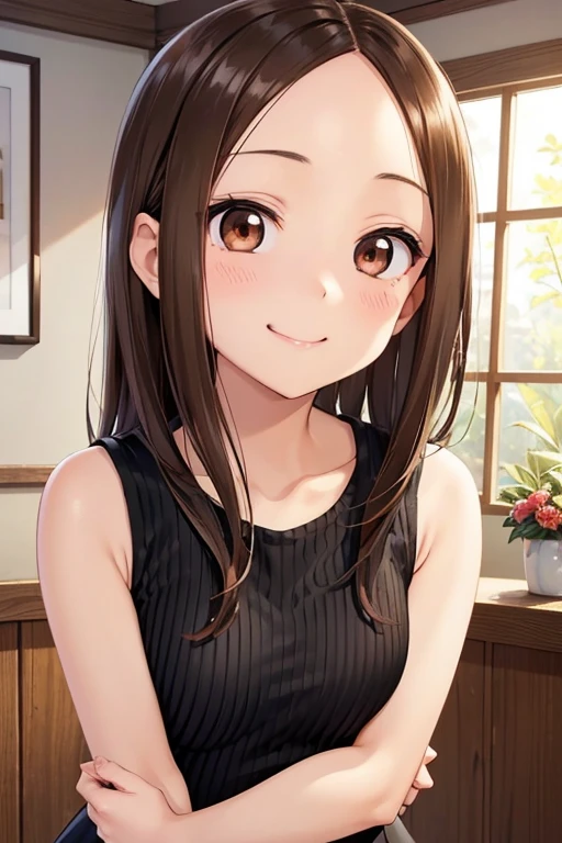 Takagi-san、Shiny brown hair, Straight Long Hair,((Medium chest、Forehead、Center part))、 Beautiful brown eyes、smile、Sparkling eyes, (fine grain)、Very fine eye、Very detailed顔, Very detailed目, Cowboy Shot、



NFSW,

Confused, High resolution, (Very detailed:1.1), (1 girl:1.3), Watercolor style, (Soft Blending:1.4), 
(Black Tank Top Short Dress:1.4), smile、
(Delicate texture:1.4, break (Bokeh Photo:1.3), Soft Focus, Out of focus highlights, Dreamy atmosphere, Fascinating Depth, Blurred Edges, Dynamic Angle, break brown hair, Nene Kasaki々