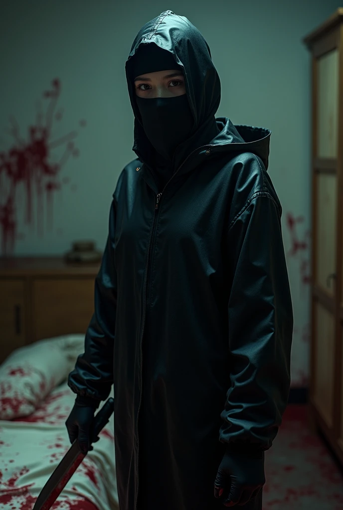 korean girl, (behind corpse, surgical mask), blood splatter, holding knife, stabbing, black gloves, room full of blood, transparent raincoat, hood up, trucker hat, holding knife, black gloves, behind corpse, short hair, night, mass murderer, robbery, in the hotel, light from the window