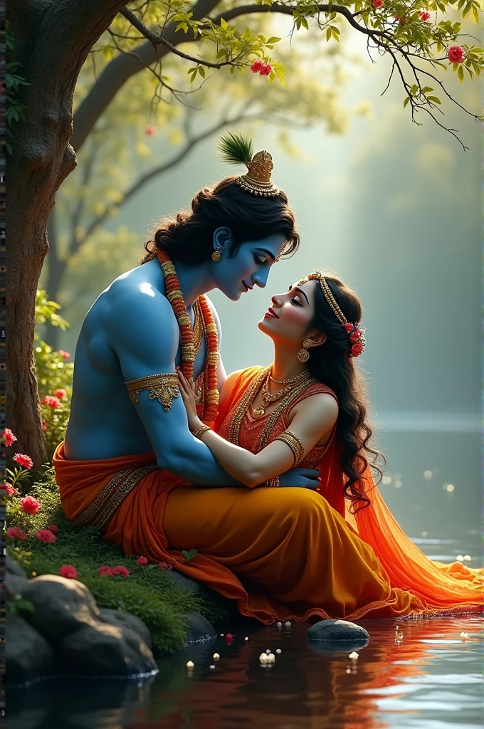 (1male, 1female) Shri krishna playing bamboo flute sitting near jamuna river, his loving girl shri radha seating beside fantasyreal.