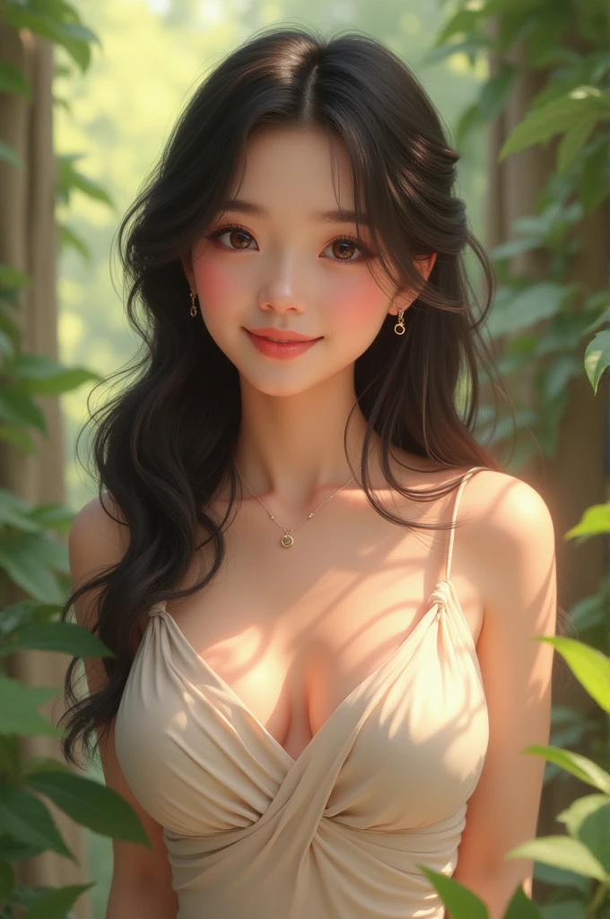 (masterpiece), (Best Quality), (Super detail), (messy hair), (illustration), (1 Girl), (interview), (Brief background), beautiful detailed eyes, beautiful and delicate face, floating, (high saturation), (shine), Focus on face, black fur, hits, full smile, floating Hair. Girl, wearing a fitted dress, (tight), prominent neckline, Side opening, (exposed thigh),maiden in love, illustration pixiv, top quality, Super detailed, smile, intelligent, beautiful face, 4k, nature, sunlight through the trees,