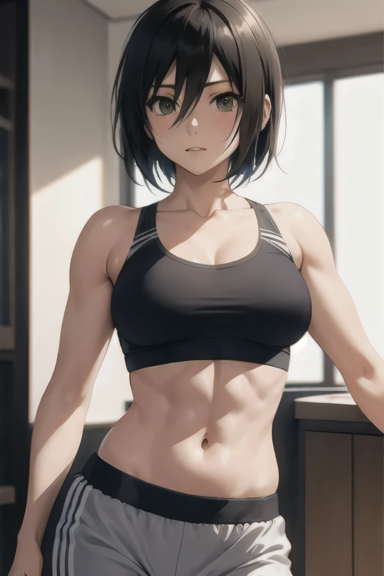 masterpiece,best quality,high resolution,8k,ultra HD,wallpaper,illustration,perfect face,cowboy shot,beautiful detailed eyes,extremely detailed face,perfect lighting,extremely detailed CG,perfect hands,perfect ???????,perfect body,perfect hands,perfect fingers,1woman,full body,megami magazine,(muscle fighter:1.1),black medium ponytail hair,green eyes,large breasts,Medium ass,medium nipples,white tube top,black short hot pants,clothed,,collarbone,,looking at viewer,sexy look  pose,Steam,Wet,sweat,home,