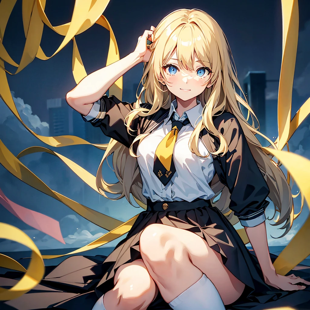 Woman gazing diagonally upwards, {{{Soft smile}}}, Black Sailor Suit, Long skirt, {{{{{Bright yellow long wavy hair}}}}}, Best Quality,Best image quality,Perfect Anatomy,masterpiece,Very detailedな,beautiful,super high quality, Best Quality,High resolution, Very detailed,Game CG,Dutch Angle ,Beautiful attention to detail,Visual Arts,Five fingers, Perfect hands,Hide your hands, {{{One Girl}}}, Beautiful detailed girls, Game CG, masterpieceアニメ，Best Quality, Very detailedな顔，Power Pro, Sugami Hisashi, {{{One Girl}}}, Blue Eyes, Female Manager, School grounds, Yellow tie, Sleepy smile, Knee-high portrait, Three-dimensional background, Multiple clouds,