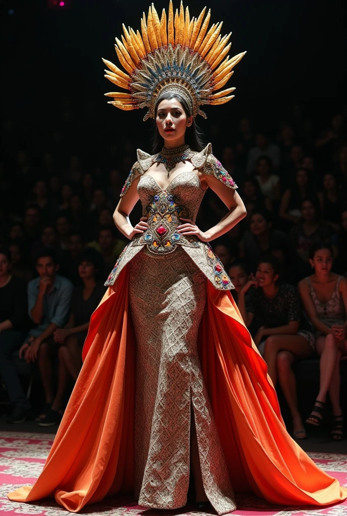 Fashion catwalk with three models, one dressed in Mexican independence clothes, another with a Halloween costume of a devil and another of a catrina, modeling