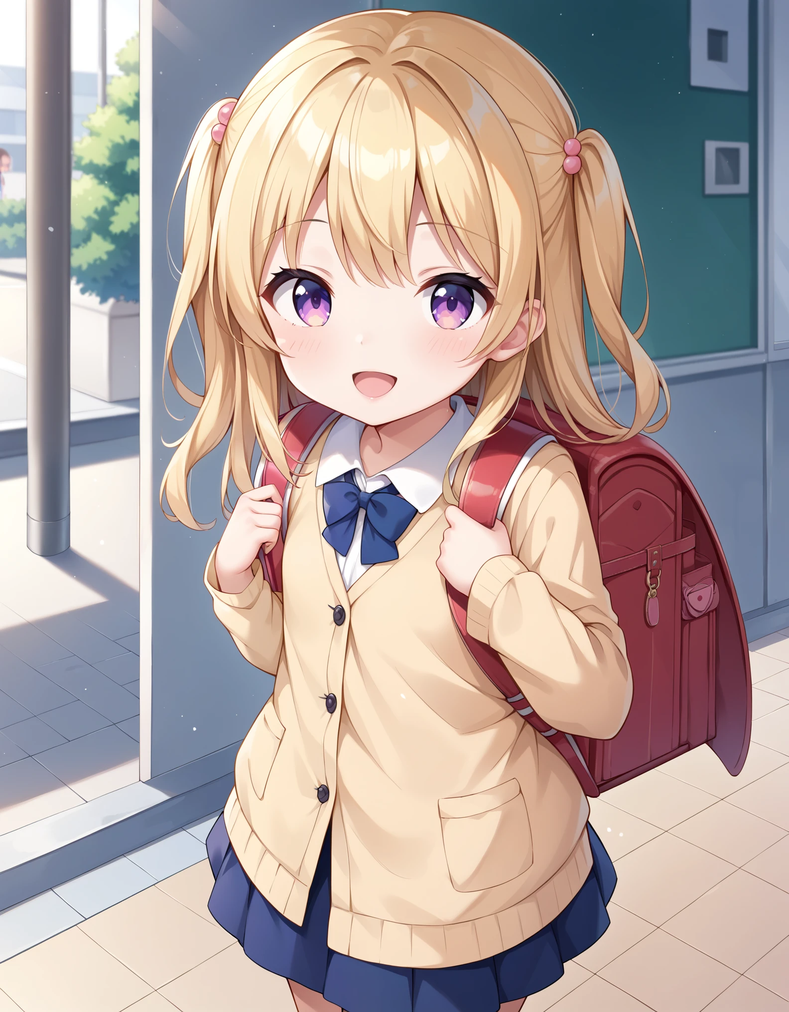 Masterpiece, hd, anime girl with backpack and backpack walking down the street, wearing randoseru backpack, anime visual of a cute girl, *****  girl, cute anime girl,  in dress, anime moe artstyle, splash art anime , young anime girl, kawaii realistic portrait, cute anime waifu in a nice dress, cute schoolgirl, school girl