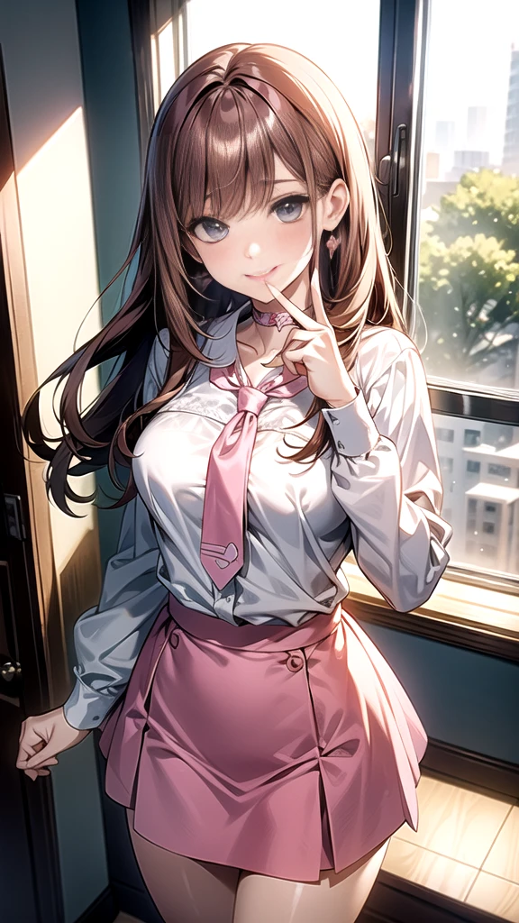 ((masterpiece, highest quality, High resolution, 超High resolution, Perfect Pixel, Written boundary depth, 4K, About RTTX10.0, High resolution))), 1 girl, single, alone, Beautiful Anime Girls, Beautiful art style, Anime characters, ((Long Hair, bangs, Dark brown hair, Curly Hair:0.4, Simple hairpin)), ((Green Eyes:1.4, Round eyes, Beautiful eyelashes, Realistic eyes)), ((Detailed face, blush:1.2)), ((Smooth texture:0.75, Realistic texture:0.65, Realistic:1.1, Anime CG Style)), Medium Chest, ((Dynamic Angle, throw, close)), Perfect body, ((Red bow tie, , Black jacket, Open jacket, Brown cardigan, White shirt showing pink nipples, Black Skirt, Check skirt)), smile, amusement park, put your hands behind your back, Leaning forward, cherry blossoms、Exhibitionism、Exposed outside、conversion