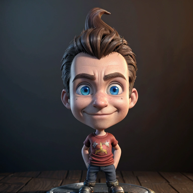 Ultra-realistic transformation of Jimmy Neutron into a real human character in a dark fantasy 80s style. His skin has the detailed texture of real human skin, with subtle pores and natural imperfections, illuminated by the dim, moody lighting. He has a large forehead and messy brown hair styled in a windswept fashion. His mature face has sharp cheekbones and striking blue eyes that glow faintly with intelligence. Jimmy wears his signature red t-shirt with the yellow atom symbol, now slightly worn and darker. He stands in a shadowy, eerie environment filled with old, steampunk-like machines and glowing potions, combining dark science and magic. The atmosphere is foreboding, with mist swirling and soft light casting dramatic shadows