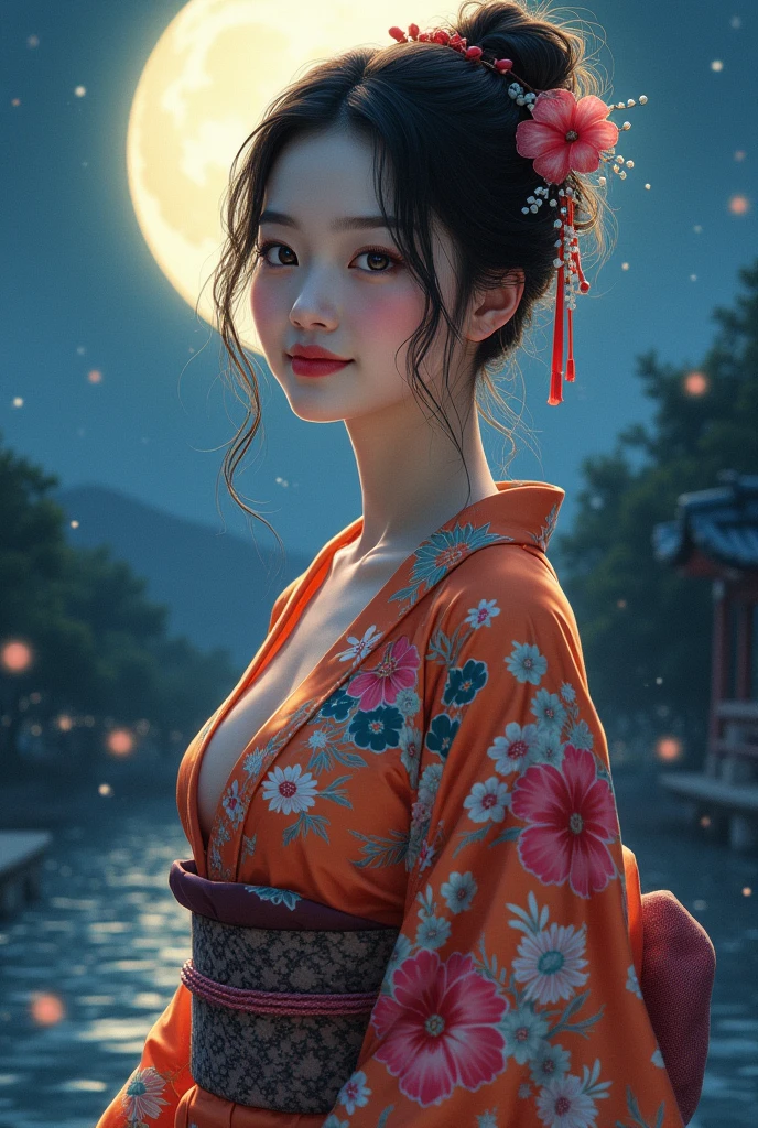 masterpiece, best quality, 1girl, leifang, twin braids, holding hand fan, kimono, twilight, rainbow, looking at viewer, shy, obi, in forest, river, warm light, ass, long view, fantasy, scenery, at night, moonlight <lora:Leifang-000018:0.6>