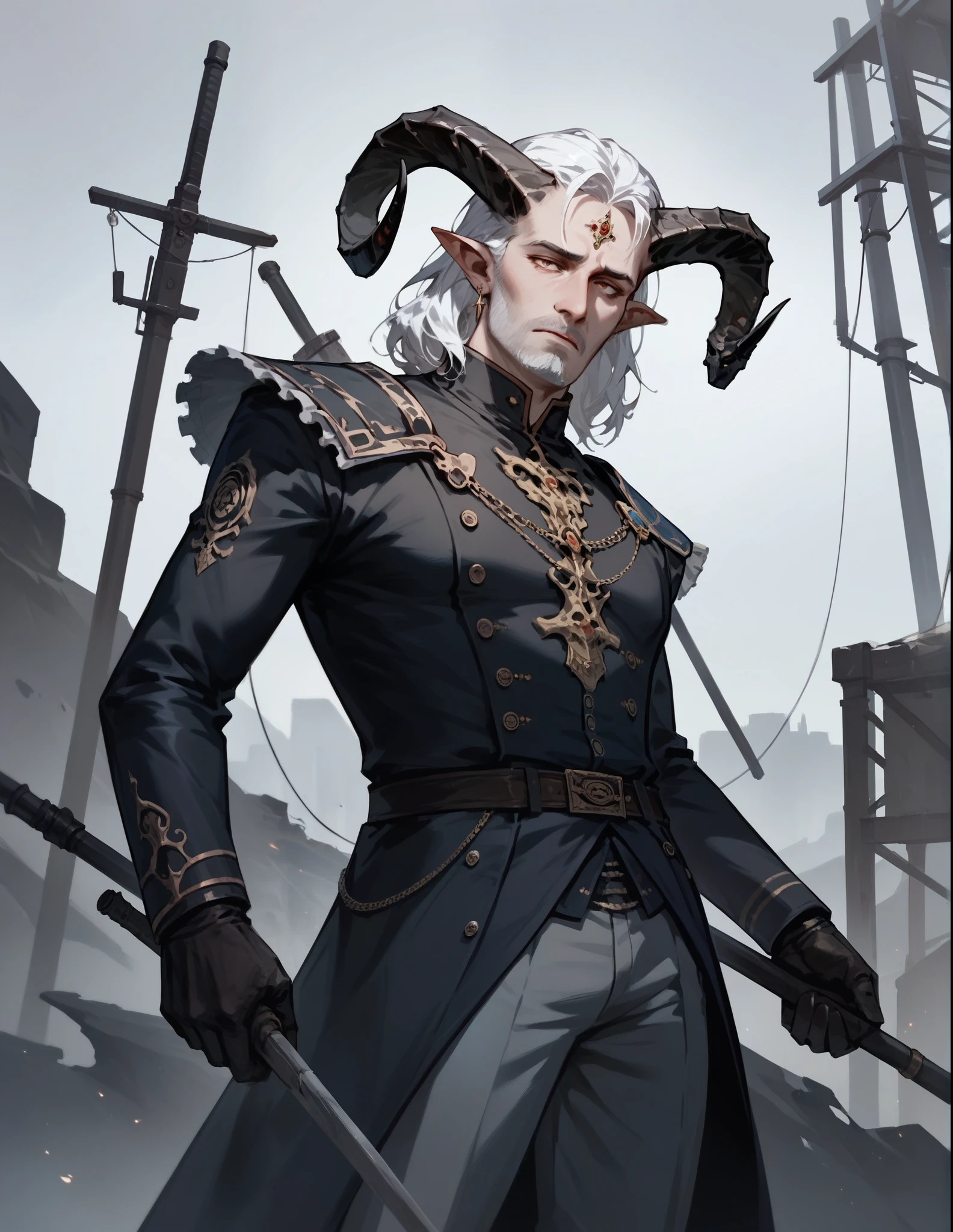 score_9, score_8_up, score_7_up, score_6_up,(masterpiece, best quality:1.2), highly detailed, rating_explicit, illustration, nsfw, mature men,  curved horns ,forehead horns, small horns, white hair, tined body post apocalyptic survivor 