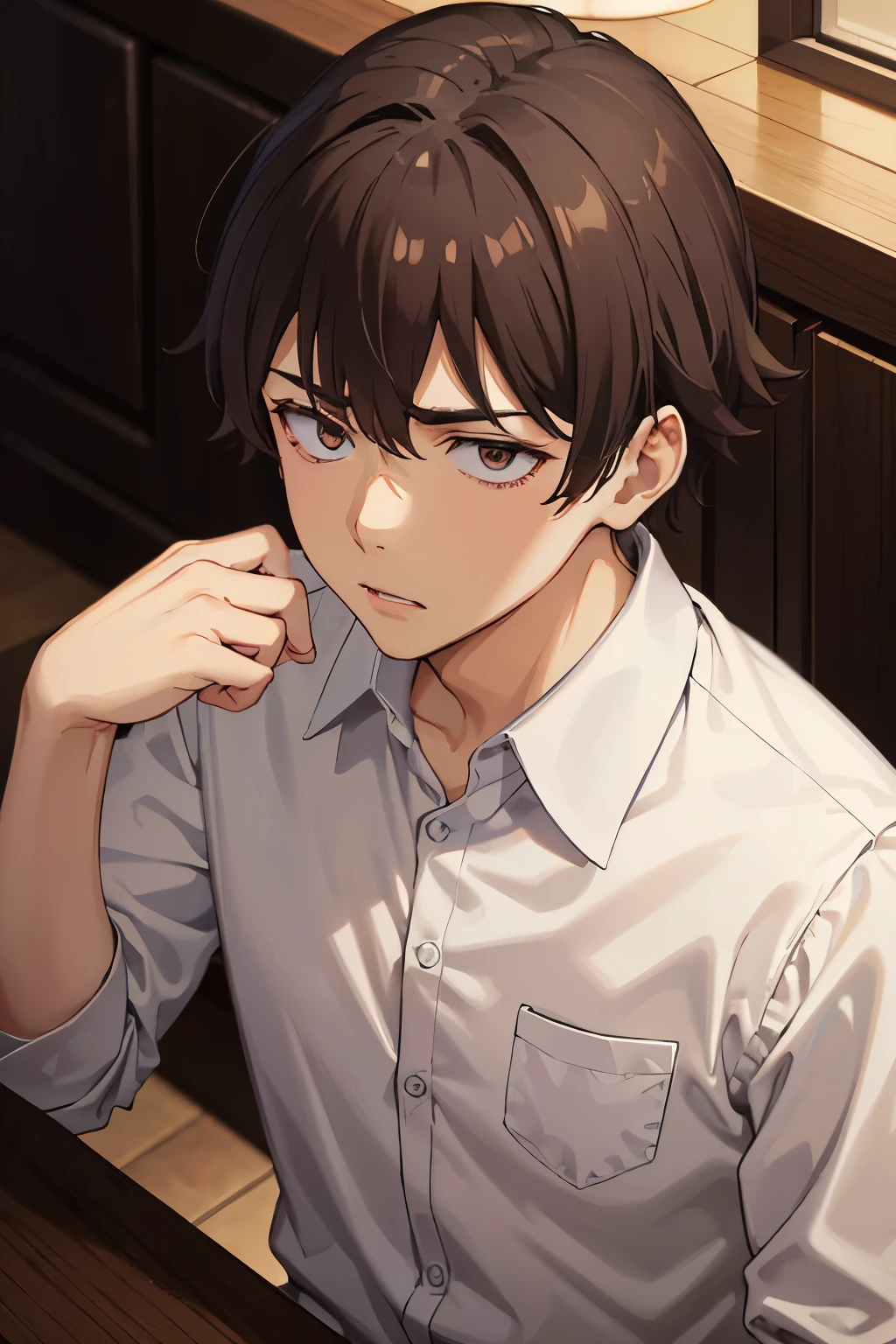 brown hair and eyes, white dress shirt with rolled up sleeves, bar, formal clothes, psychopath face, tired, dark circles, Brown eyes, formal wear, villain face, 4