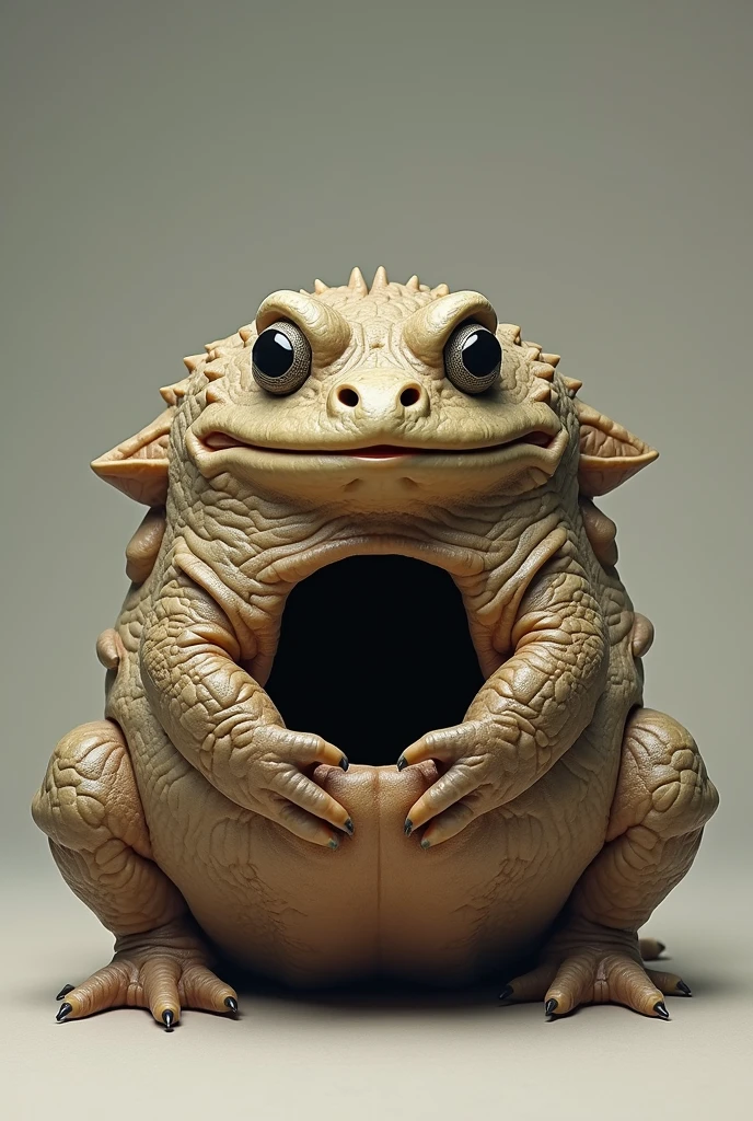 Little slender male Jabba, slim, deformed, brown-green body, long slender tail, long arms, large red eyes, milky white saliva dripping down his chin, standing sideways against a stone pedestal in a stone cave, with chains hanging on the walls, carved stones in the background in the rock through the window, the atmosphere of "Star Wars" movies, dark, smoky atmosphere. camera from the side. The entire silhouette is visible, the tail is extended forward.
