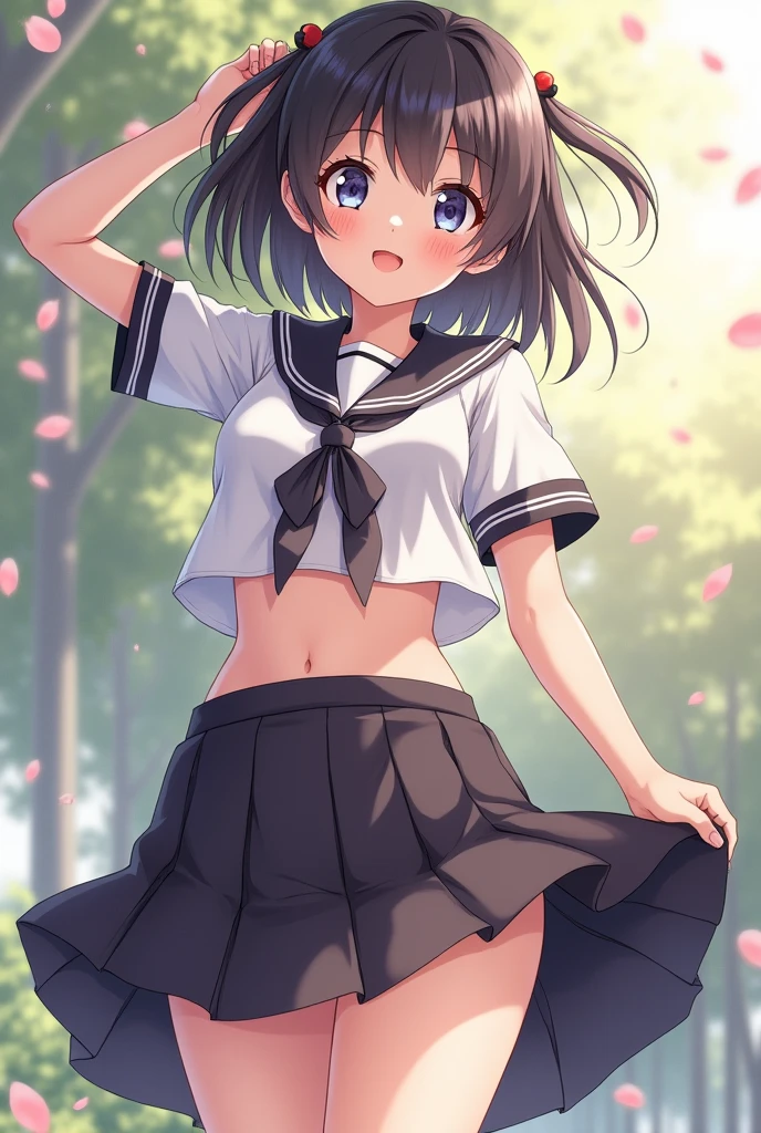 (masterpiece, best quality,ultra-detailed),nsfw,(cute and beautiful girl),sailor school uniform,navy blue pleated skirt,(skirt lift:1.4),BREAK,(white panties),(panty shot),BREAK,black hair,stand,cowboy shot,from below,shy smile