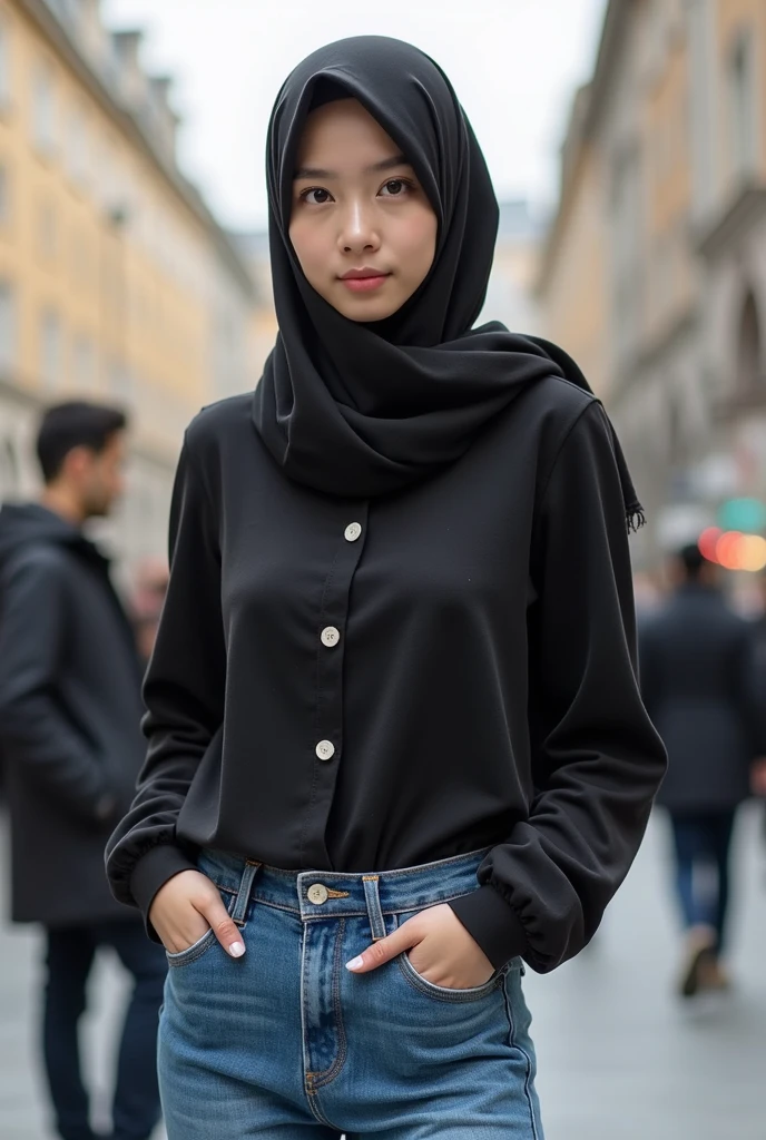 A beautiful Asian girl in a long hijab with tight and clearly visible breasts, In tight black clothes, He was hugging himself sideways, and good quality images