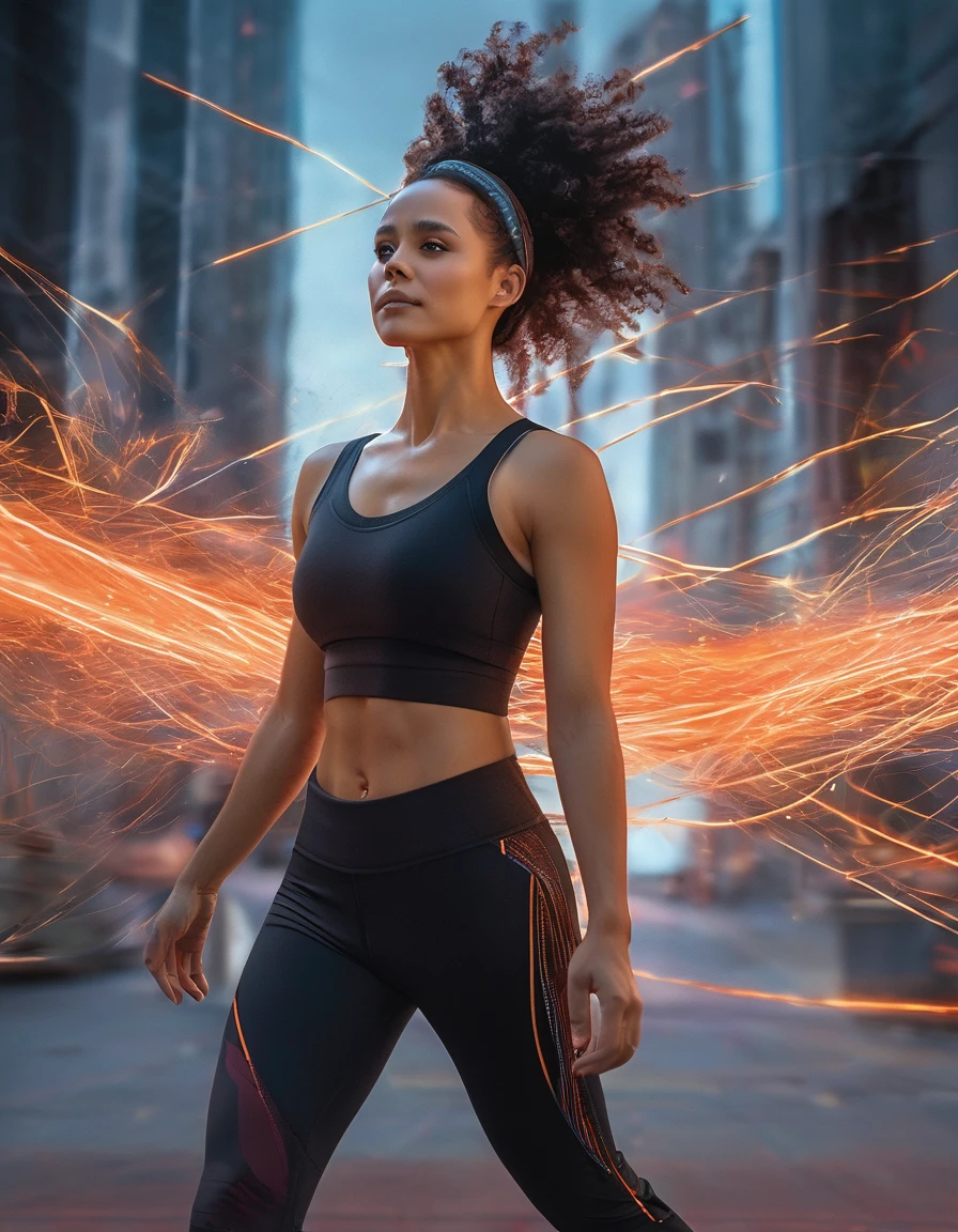 (nthlemmnlmssdr woman), wearing gym clothes, black tight pants, red top, orange sneakers, Neon light, centered| intricate| highly detailed| breathtaking beauty| precise linear drawing| vibrant| comprehensive cinematic| Carne Griffiths| Conrad Rosetta, 8k, oil painting, cinematic lighting, best quality, high resolution, dynamic pose