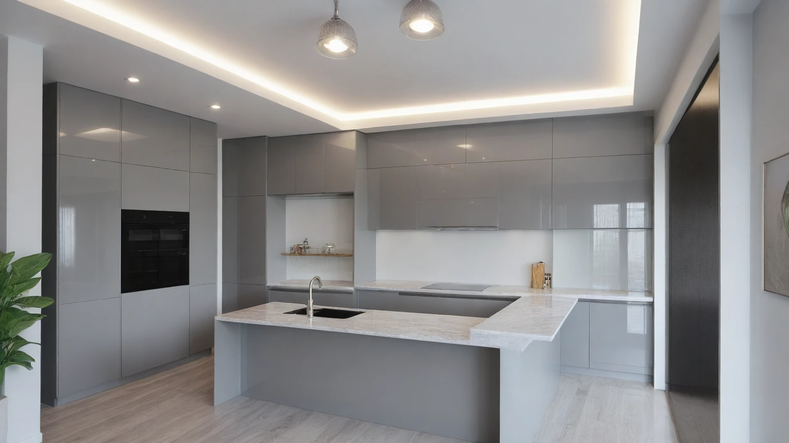 (RAW photo, masterpiece, best quality,ultra-detailed, extremely delicate and beautiful, highresolution, best shadow:1.1), ((  grey glossy cabinet : 1.7 )) ,( Kitchen and dinning : 1.3 ) tv cabinet, reflective floor, (white and BEIGE wall), grey wall accent, wine racks, wooden ceiling fan, white ceiling, plant and flower, interior lighting, realistic lighting