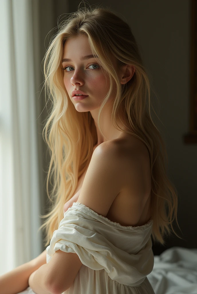 full body shot, 1girl in, alluring teenager, Solo, Aesthetic artwork, blond, straight blonde hair, super long blonde hair, light blue eyes, some small freckles, pale skin, small breasts, runners body, (thin hips, thin waist: 1.25), detailed skin, shy smile, (full body: 1.1), 24mm, 4k textures, soft cinematic light, RAW photo, photorealism, photorealistic, intricate, elegant, highly detailed, sharp focus, ((((cinematic look)))), soothing tones, insane details, intricate details, hyperdetailed, low contrast, soft cinematic light, dim colors, exposure blend, hdr, faded