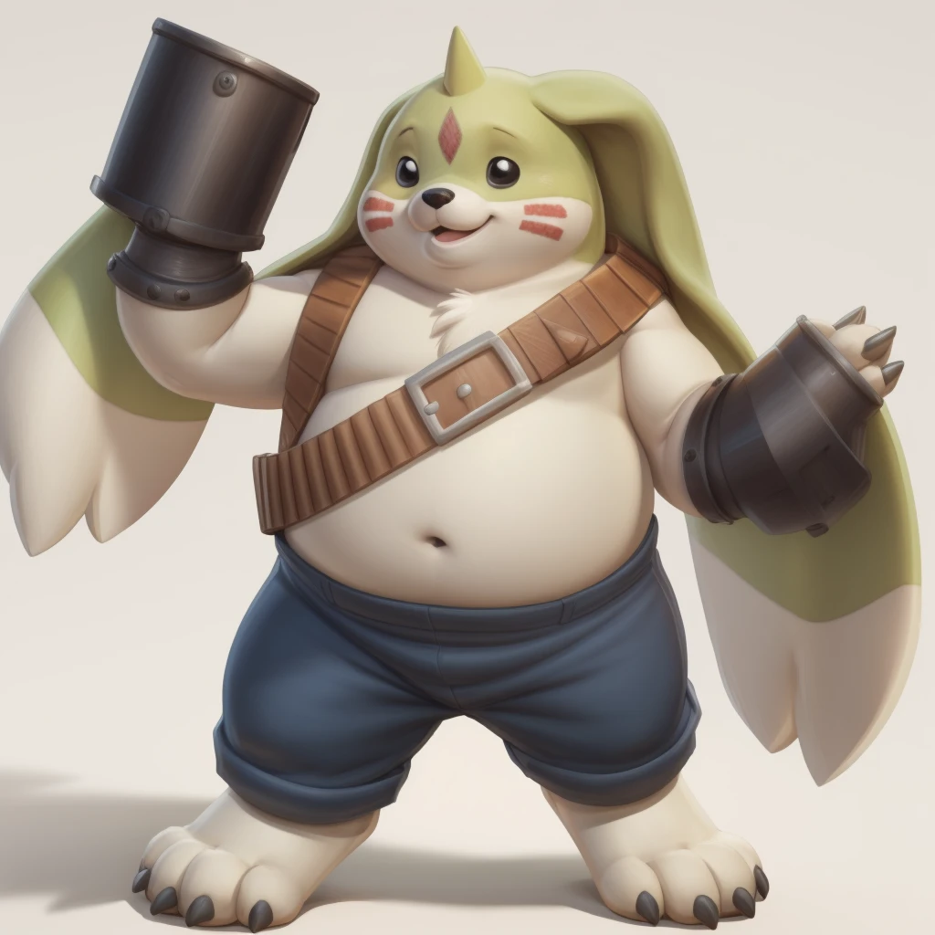 gargomon, plump, chubby male,  (posing:1.3), (soft shading), 4k, hi res, five fingers, detailed hands, ((detailed face, (black eyes), detailed)), by zackarry911, by zaush, (by personalami:0.5), cute, looking at viewer, smile, simple background, white background, closed mouth, standing, full body, male focus, heart, pants, hand up, no humans, blush stickers, happy, gauntlets, claws, blue pants, white fur, chest belt, gauntlets