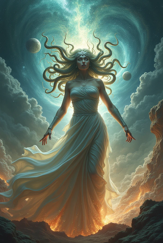 Create a 3d realistic image a Queen Medusa form battle though the heavens 