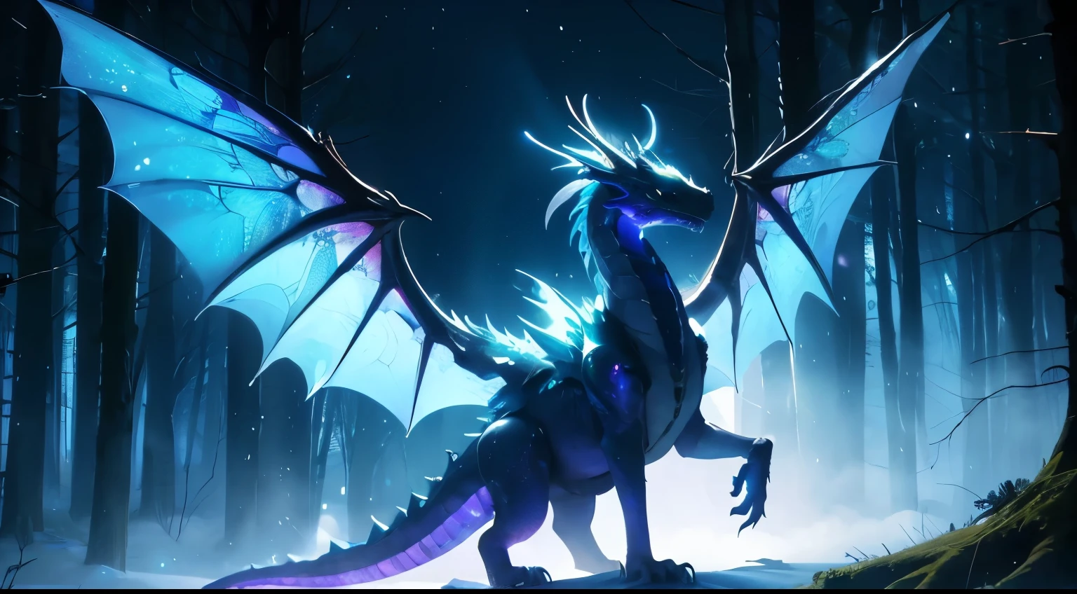 a dragon whose wings are large nebulae, shedding iridescent light wherever it goes, underneath which is a dense forest of trees, a style dragon house of dragon