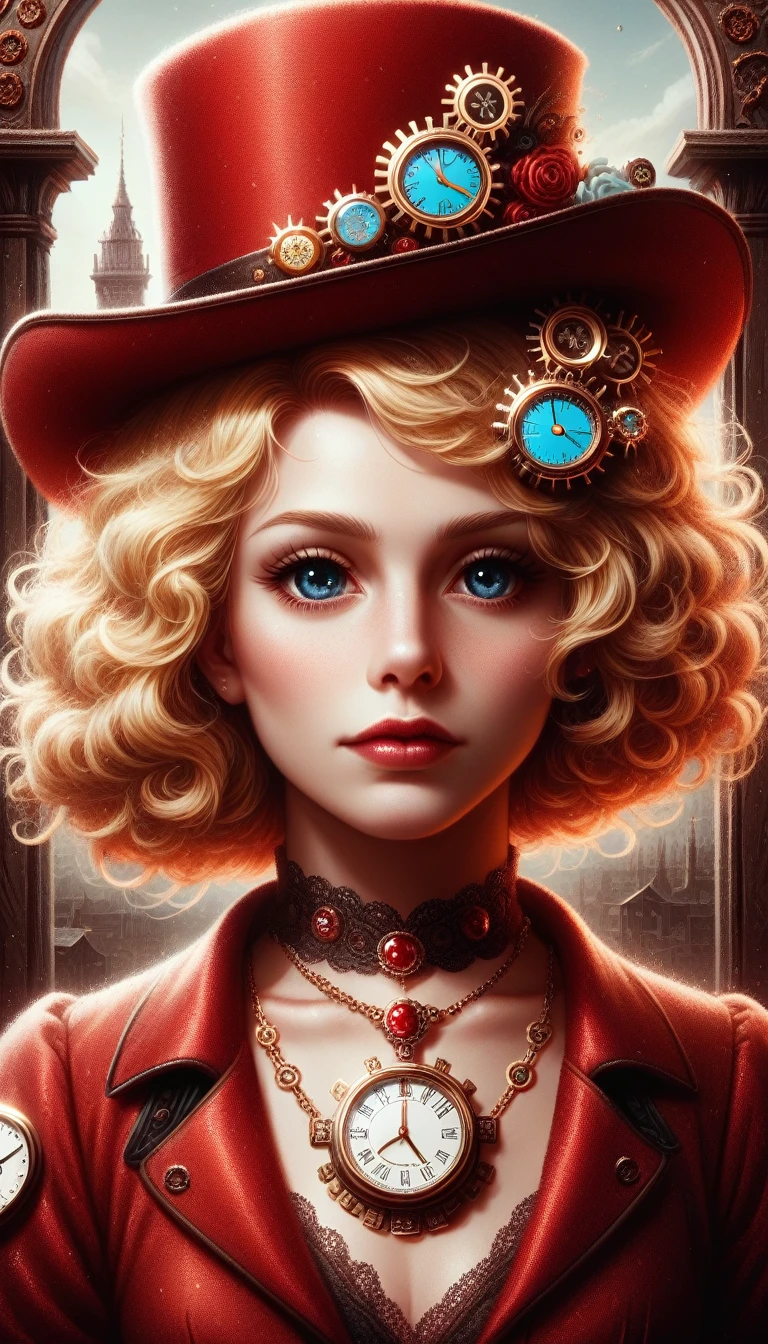 close-up, straight hair blonde short curly child girl the little red hat, clock on necklace, (Victorian era), ((steampunk)), cinematography, worked, elegant, meticulous, magnificent, maximum detail, extremely hyper-aesthetic, intricately detailed, lots of gears, old town background