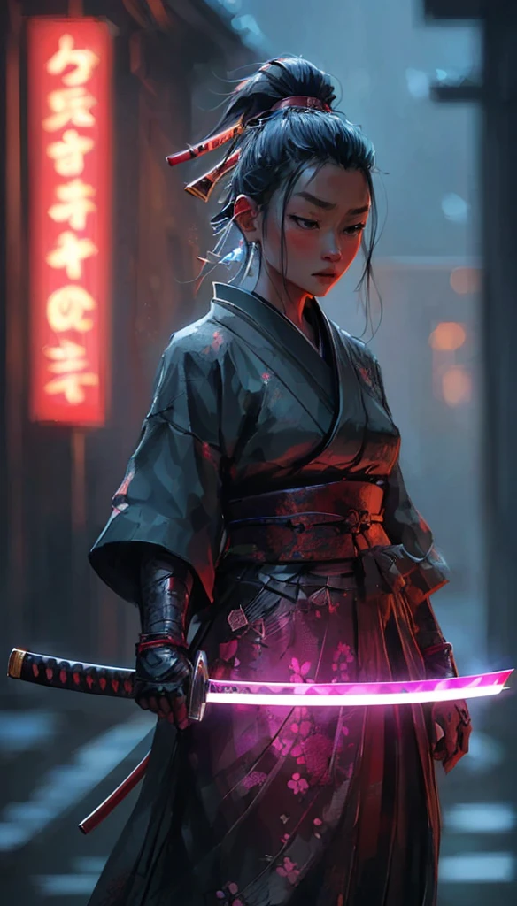 one girl, Samurai, 25yo woman, hyperrealism, very detailed skin, 4k,,, AshleyWoodArtAI,, katana profile picture, Organic Painting, night time, Matte Painting, bold shapes, hard edges, street art, trending on artstation, by Huang Guangjian and Gil Elvgren and Sachin Teng, Glow, katana, neon lights