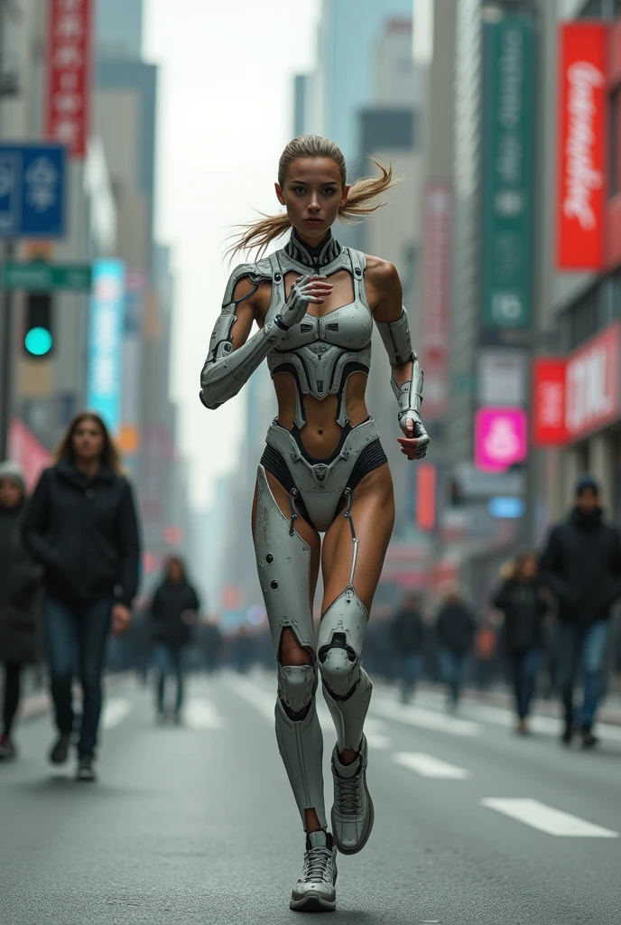 A cyborg girl is jogging down the street of a big city, passersby watching her with interest, high quality, Absurd, Masterpiece, Beautiful, complex parts, 1/2 body crops, slender body, Beautiful figure, Magnificent Anatomy, (complex parts:1.12), HDR, (complex parts, hyper detail:1.15), (natural skin textures, Hyperrealistic, soft light, Spicy:1.2)