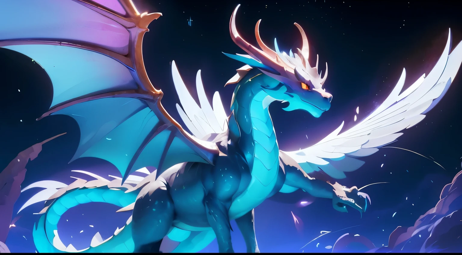 a dragon whose wings are large nebulae, shedding iridescent light wherever it goes, underneath which is a dense forest of trees